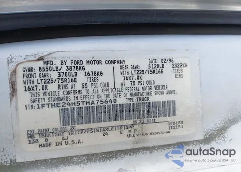 1996 Ford Econoline E250 Van z USA, uszkodzony, nr VIN 1FTHE24H5THA75640